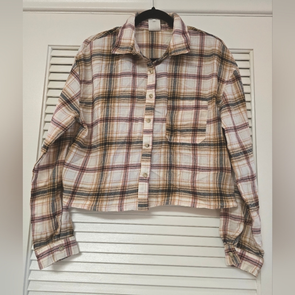 Self Esteem - Plaid Button Long-Sleeve Casual Oversized Crop Top